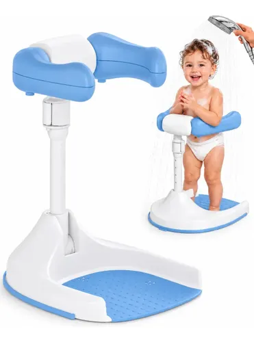 Suporte Banho Bebê em Pé Ajustável Antiderrapante Torre de Banho Infantil Seguro Cor Azul
