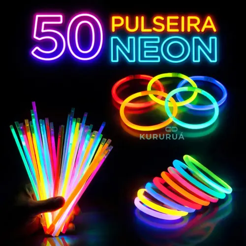 Pulseira Neon Kit 50 Festa Balada Neon Unidades Adereços Fluorescente Led Show Luz Brilho Glow Marca Kururuá