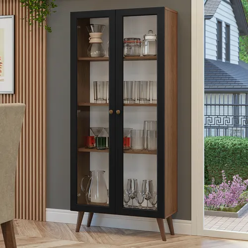Cristaleira 70 cm 2 Portas de Vidro com Pés Cônicos Rustic/Preto Vik Madesa