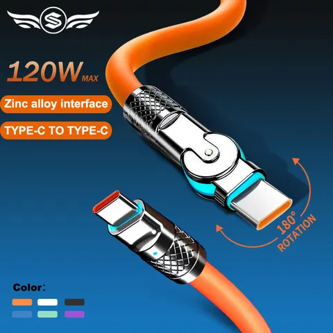 Carregador Super Rápido de 120W 6A Tipo C em Silicone 180 °   Cabo de Dados Tipo-C-C com Conector Rotativo 1M 2M Cabo USB Cabo Carregador USB C para C