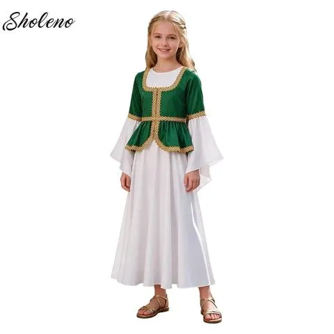 Vestido de princesa medieval com saia em camadas, mangas compridas, estilo renascentista e retrô, vestido longo de inspiração romana antiga, ideal para festas de Halloween e carnaval.