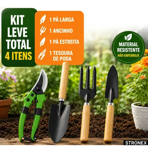 Kit para Ferramentas para Jardinagem Completo 4 Peças Tesoura de Poda + Pá + Gancho + Ancinho Stronex