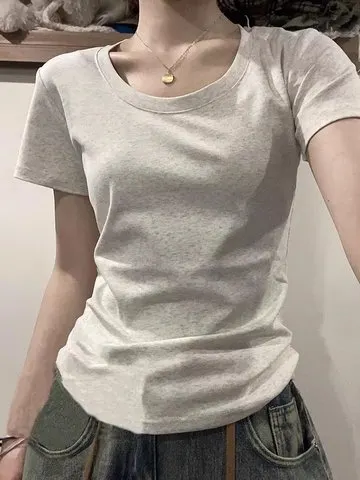 Camiseta Feminina de Manga Curta Slim Fit, Camisa Base, Design Pure Desire Coreano Americano, Top Estilo Spicy Girl, Estilo p...