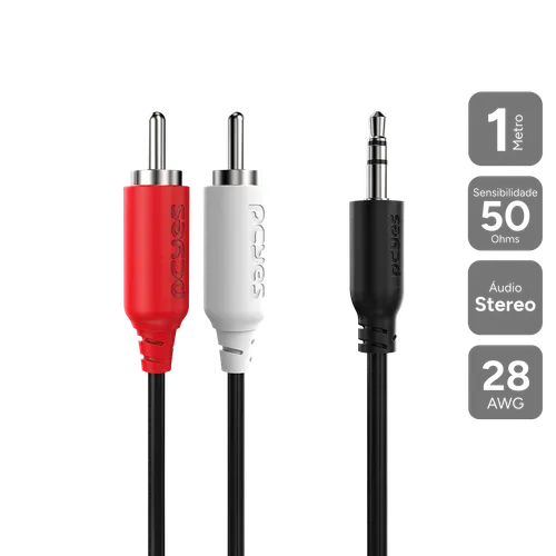 Cabo Áudio 2 RCA para P2 3.5mm PCYES 1M Estéreo P2R35-1