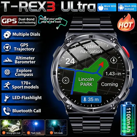 Novo Smartwatch T-Rex3 Pro 2026 com Bateria de 1100mAh, GPS, Rastreador de Corrida, À Prova D'água 5ATM, Bússola para Esportes ao Ar Livre e Uso Militar