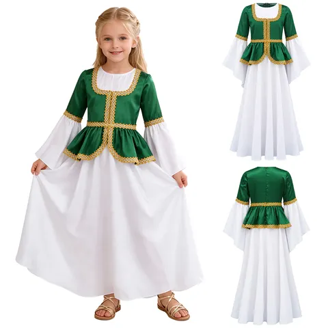 Fantasia de Cosplay Renascentista para Meninas, Vestido de Princesa Medieval com Mangas Soltas e Detalhes Dourados, Peplum, para Halloween, Carnaval e Apresentações de Palco