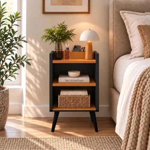 Mesa de Cabeceira Lateral Apoio Organizador de Quarto Retro Acabamento Brilhante Cor Preto