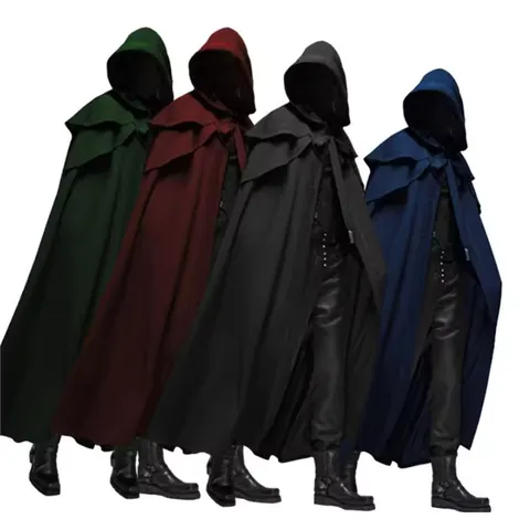 Capa medieval vintage com capuz, solta, preta, corta-vento, trench chic, capa longa de inverno, poncho masculino, capa de cosplay de assassino ou mágico.