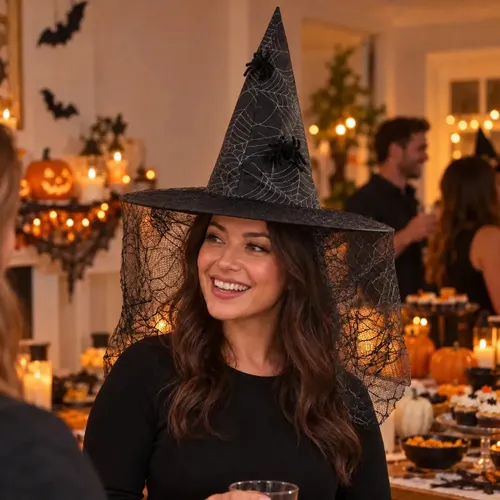 Chapéu Bruxa Renda Luxo Halloween Fantasia Decorativa Acessório Festa Halloween