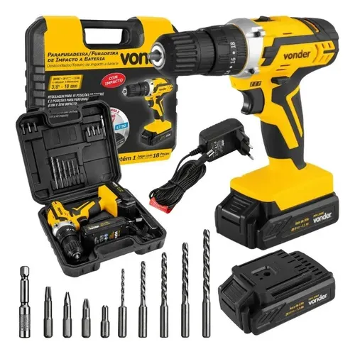 Parafusadeira Furadeira de Impacto 2 Baterias 20v Fonte Carregamento Bivolt Pfv238i Vonder