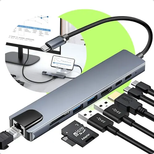 Adaptador Hub USB-C 8 em 1 Adaptador Multiportas Macbook Pc Notebook