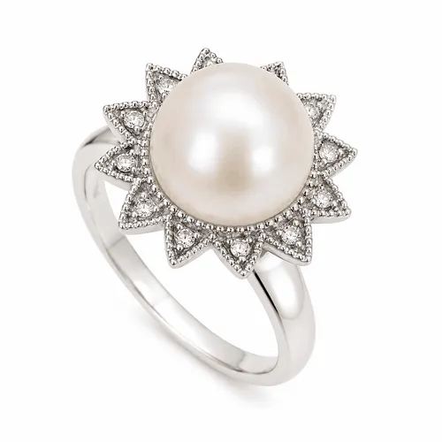 Anel Pérola Natural com Diamantes em Ouro 18K