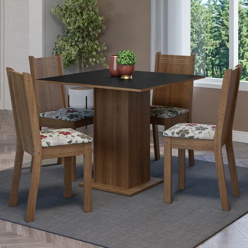 Conjunto Sala de Jantar Mesa Tampo de Madeira 4 Cadeiras Rustic/Preto/Floral Hibiscos Samara Madesa