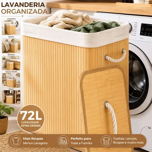 Cesto Organizador de Roupa Bambu Dobrável Retangular com Tampa Forro e Alças 72 Litros Grande Capacidade Reforçado Caixa Organizadora para Brinquedos - Marca Macater