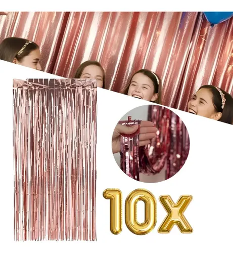 Kit 10 Cortinas Metalizada Lisa Franja 2x1m Festa Fitas Rose Gold