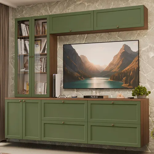Estante Sala de Estar com Rack + Cristaleira 230cm Rustic/Verde Vik Madesa 01