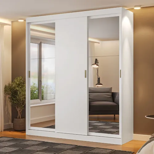 Guarda Roupa Solteiro 3 Portas 4 Gavetas 2 Espelhos Branco Marvin