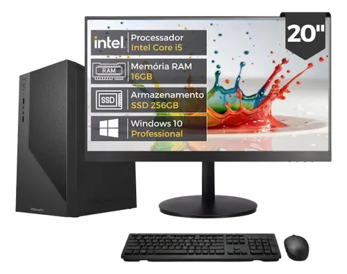 Computador Completo Intel Core i5 4570 (4ª Geração), 16GB RAM, SSD 256GB, Monitor 20" 75Hz HDMI, Windows 10 Pro, Preto, Bivolt - BluePC Office CDF-099OF