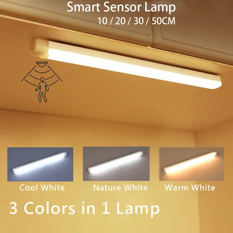 Sensor de movimento sem fio led night light usb recarregável longa tira barra lâmpada para armário cozinha guarda-roupa cabeceira escada tubo