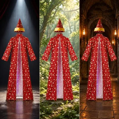 Fantasia de Feiticeiro Medieval em Poliéster com Capa e Chapéu para Apresentações Teatrais