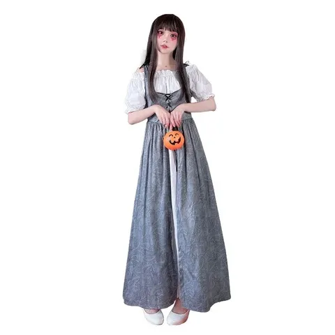 Traje medieval feminino, vestido longo com abertura e ombros descobertos, ideal para Halloween, cosplay e interpretação de personagens.