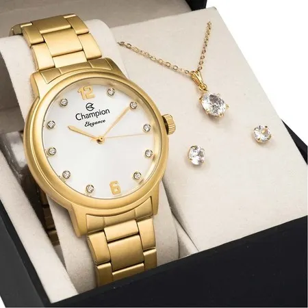 Relógio Dourado Fosco Champion Feminino Kit Colar e Brincos Original CN28437W