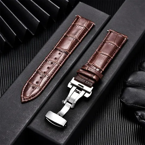 Pulseiras de couro de bezerro genuíno negócios substituir pulseira de relógio 18mm 20mm 22mm 24mm com fivela borboleta pulseira de relógio de pulso