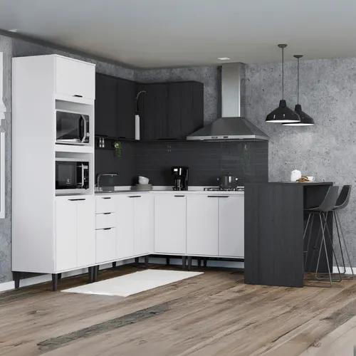 Armário de Cozinha Completa Miami New Branco e Preto Touch