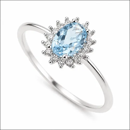 Anel Prata 6 mm Oval Água Marinha com 16 Zircônias
