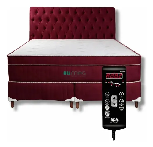 Colchão Magnético Queen com Controle Massageador e Energia Bio Quântica + Base Box + Cabeceira Cor Vermelho Vinho