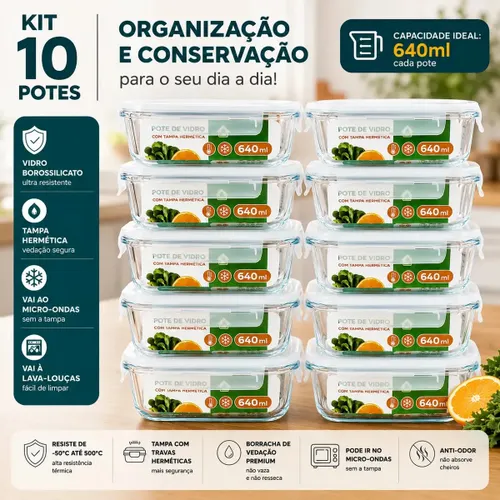 Kit 10 Potes de Vidro Herméticos 640ml Retangulares para Marmita com 4 Travas e Vedação