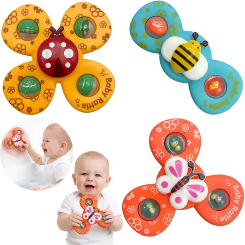 Kit 3 Spinner C/ Ventosa Brinquedo Giratorio Bebê Estimulo Sensorial Banho