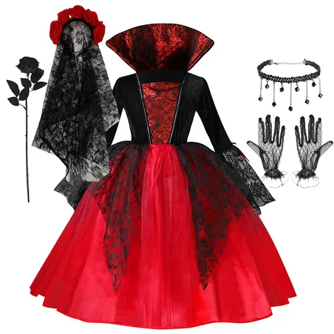 Halloween menina cosplay vestido de vampiro para crianças fantasma noiva vampiro traje vampiran carnaval festa roupas escarlate roupas góticas