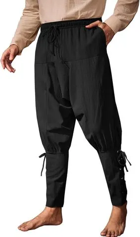 Calças Masculinas Medievais com Faixa no Tornozelo, Estilo Renascentista, Viking, Pirata, Navegador, com Cadarço, de Algodão, para Halloween