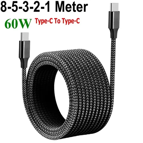 Cabo de carregamento rápido PD60W, tipo C para tipo C, 1 m, 2 m, 3 m, 5 m, 8 m, com revestimento de nylon trançado, cabo de dados extensível para iPhone, Huawei, Xiaomi e Samsung.