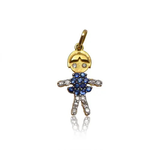 Pingente Menino 2,5cm com Diamante e Safira em Ouro 18K