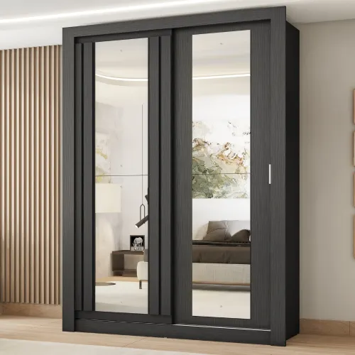 Guarda Roupa Solteiro 2 Portas Darvi c/ 2 Espelhos Carraro Preto Touch