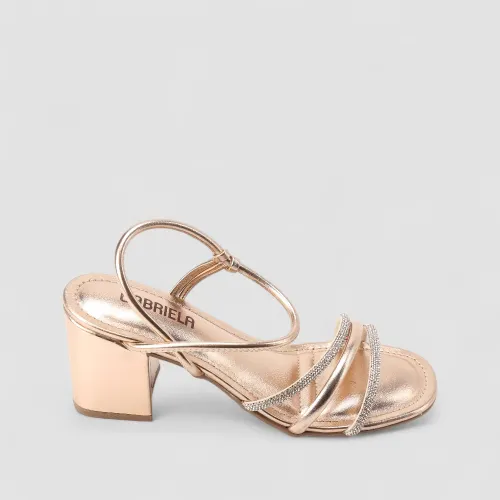 Sandália Gabriela Salto Grosso Tiras Strass Pespontos Rosé
