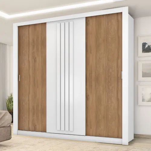Guarda Roupa Casal 3 Portas Doha Carraro Ripado Branco com Freijó
