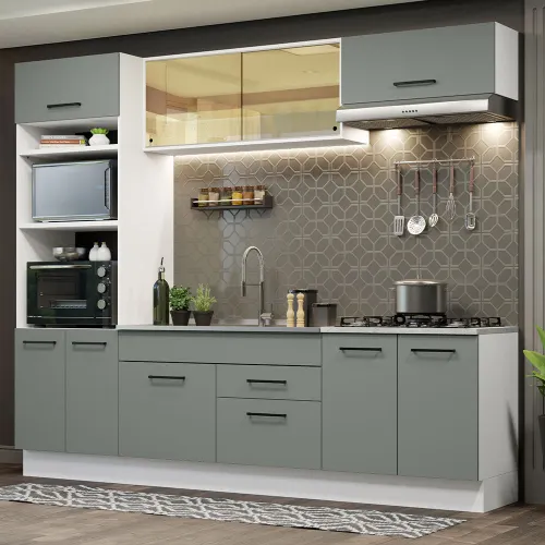 Armário de Cozinha Completa 270cm Branco Cinza Agata Madesa 03