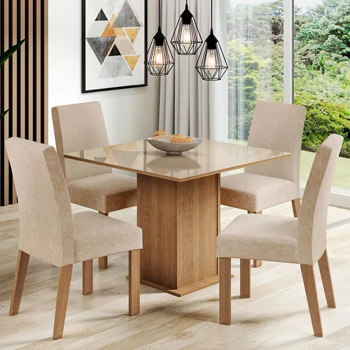 Conjunto Sala de Jantar Mesa Tampo de Vidro com 4 Cadeiras Rustic/Crema/Imperial Madesa Evelin