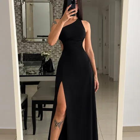 Vestido longo de uma alça Fenda na perna tendência para casamento natal, ano novo, reveillon, formatura e festas noite