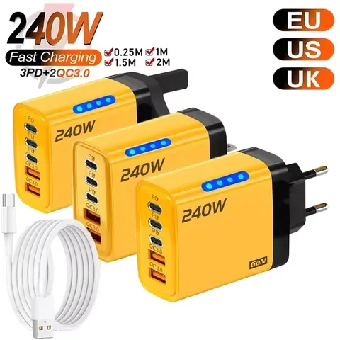 Carregador Rápido GaN 240W 5-em-1 Adaptador de Energia de Mesa com 3 Portas PD e 2 Portas USB para iPhone Samsung Xiaomi Tablet Plugue EU/US/UK Carregador USB C