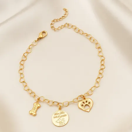 Pulseira Elegante Mãe de Pet com Elo de Coração e Pingentes Semijoia Banhada a Ouro 18k e Garantia