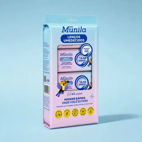 Kit 8 Mini Lenços Umedecidos Tá na Mão Munila 64un Portátil