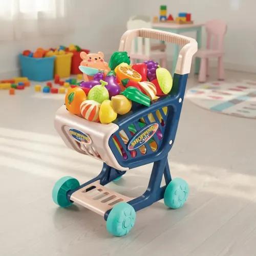 Carrinho de Compras Infantil BrinqKids Azul 36 Peças Plástico 39cm