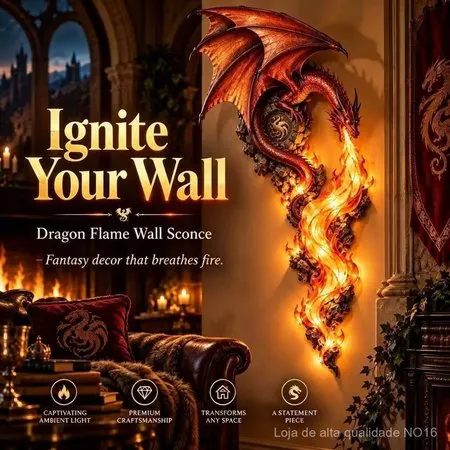 Aplique de parede com design de dragão e chama – luminária LED de estilo fantástico, decoração com dragão vermelho para 