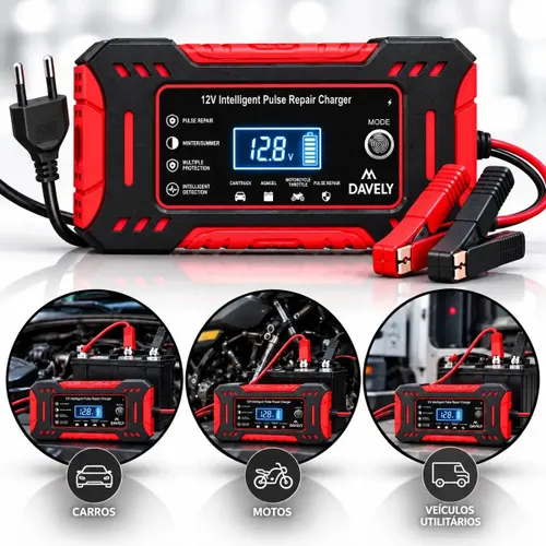 Carregador de Bateria 12V 6A Bivolt Inteligente Carro Moto Caminhão Automotivo 4Ah a 100Ah com Função Reparo Display Digital Proteção Carga Emergencia Portátil Resistente Eficiente Multifuncional
