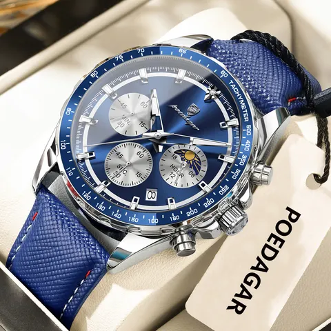 Poedagar original moda masculina relógio luminoso à prova dwaterproof água cronógrafo data homem relógio de pulso couro quartzo esporte relógios masculinos reloj