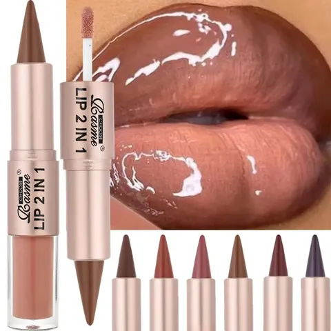 Caneta delineadora gradiente cônico 2 em 1, nude, marrom, espelho, vidro, brilho labial fosco, à prova d'água, contorno labial, maquiagem antiaderente